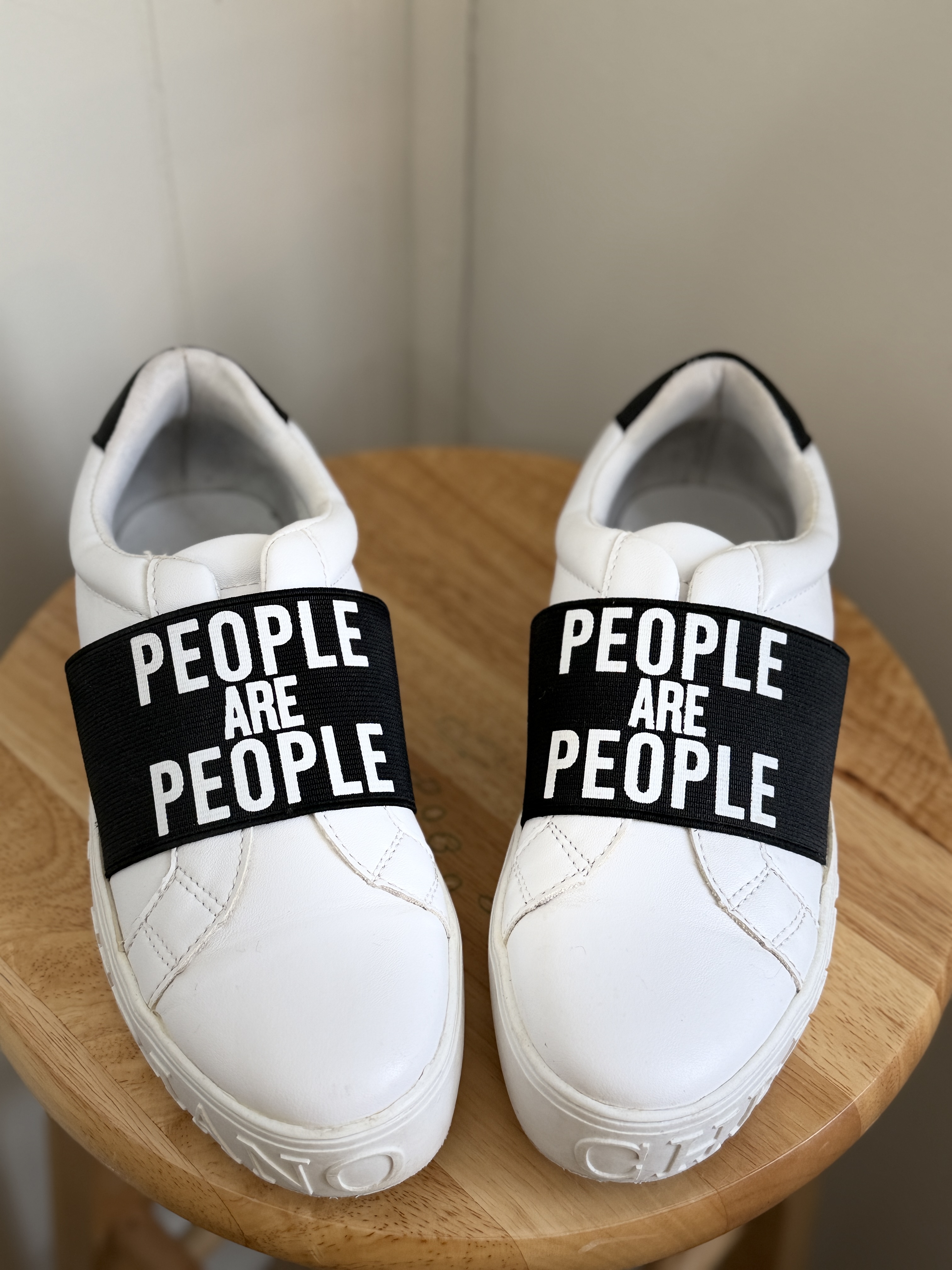 Christian Siriano White Platform Sneakers w/ “People Are People” Strap – Trendy Slip-On Shoes