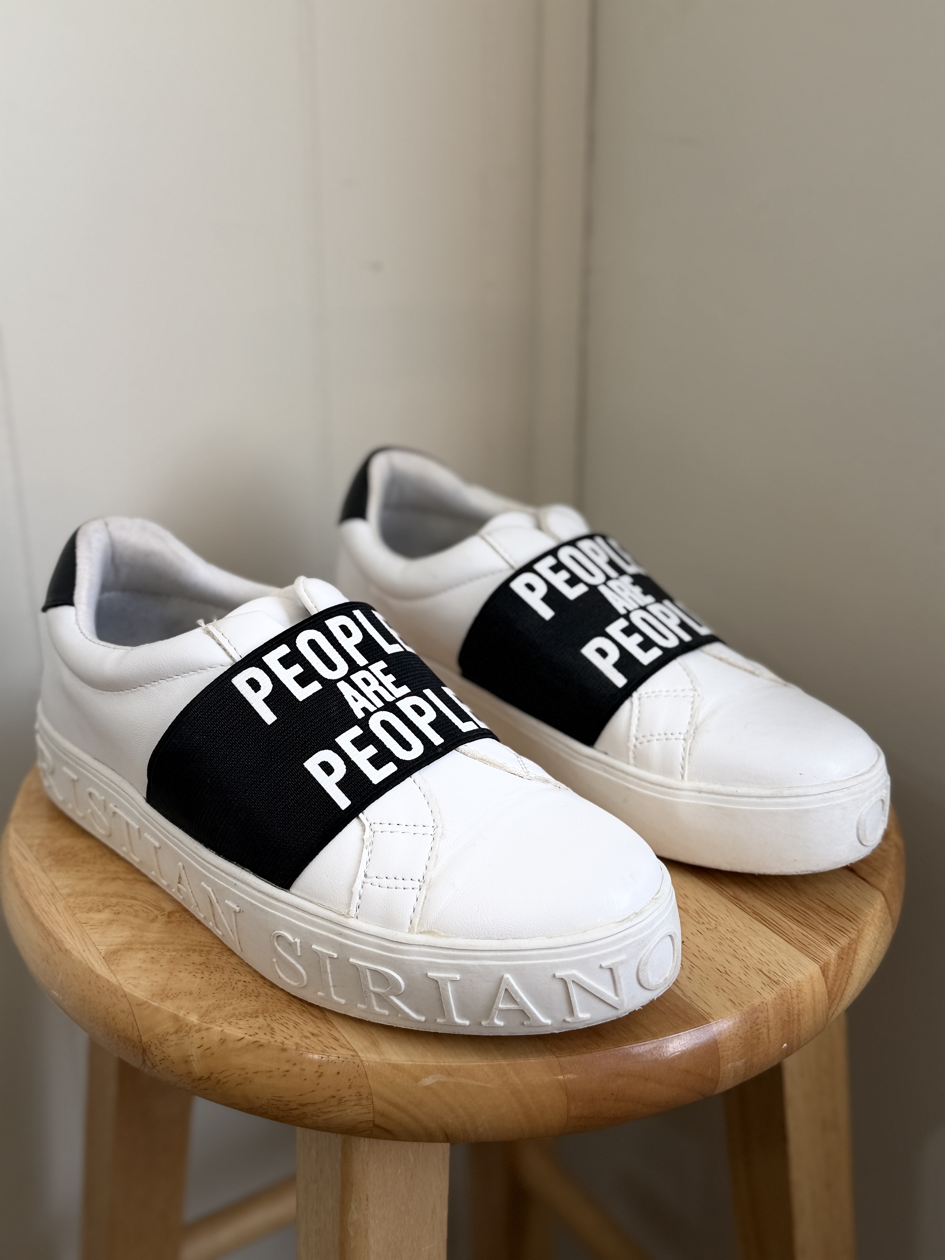 Christian Siriano White Platform Sneakers w/ “People Are People” Strap – Trendy Slip-On Shoes