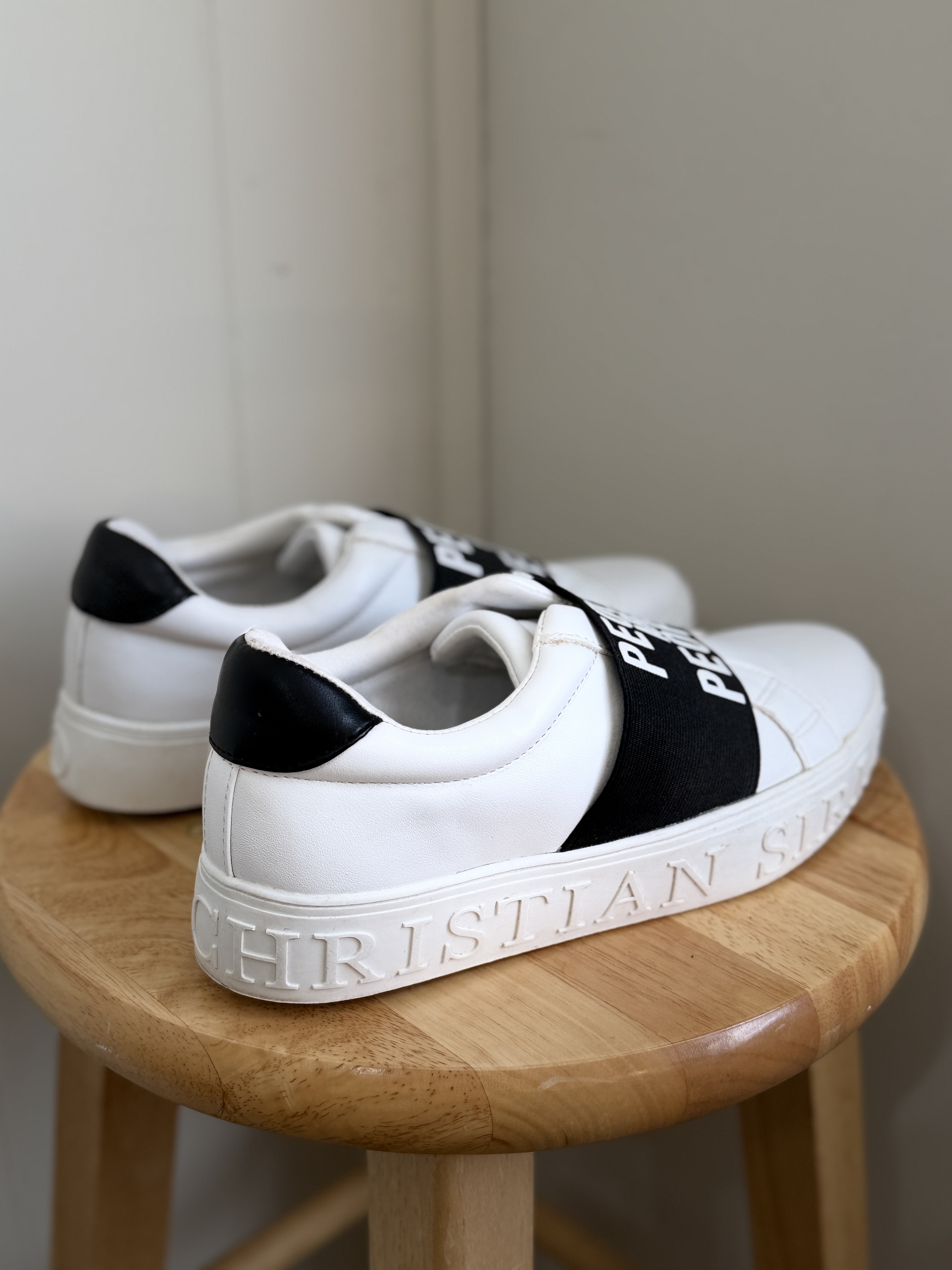 Christian Siriano White Platform Sneakers w/ “People Are People” Strap – Trendy Slip-On Shoes