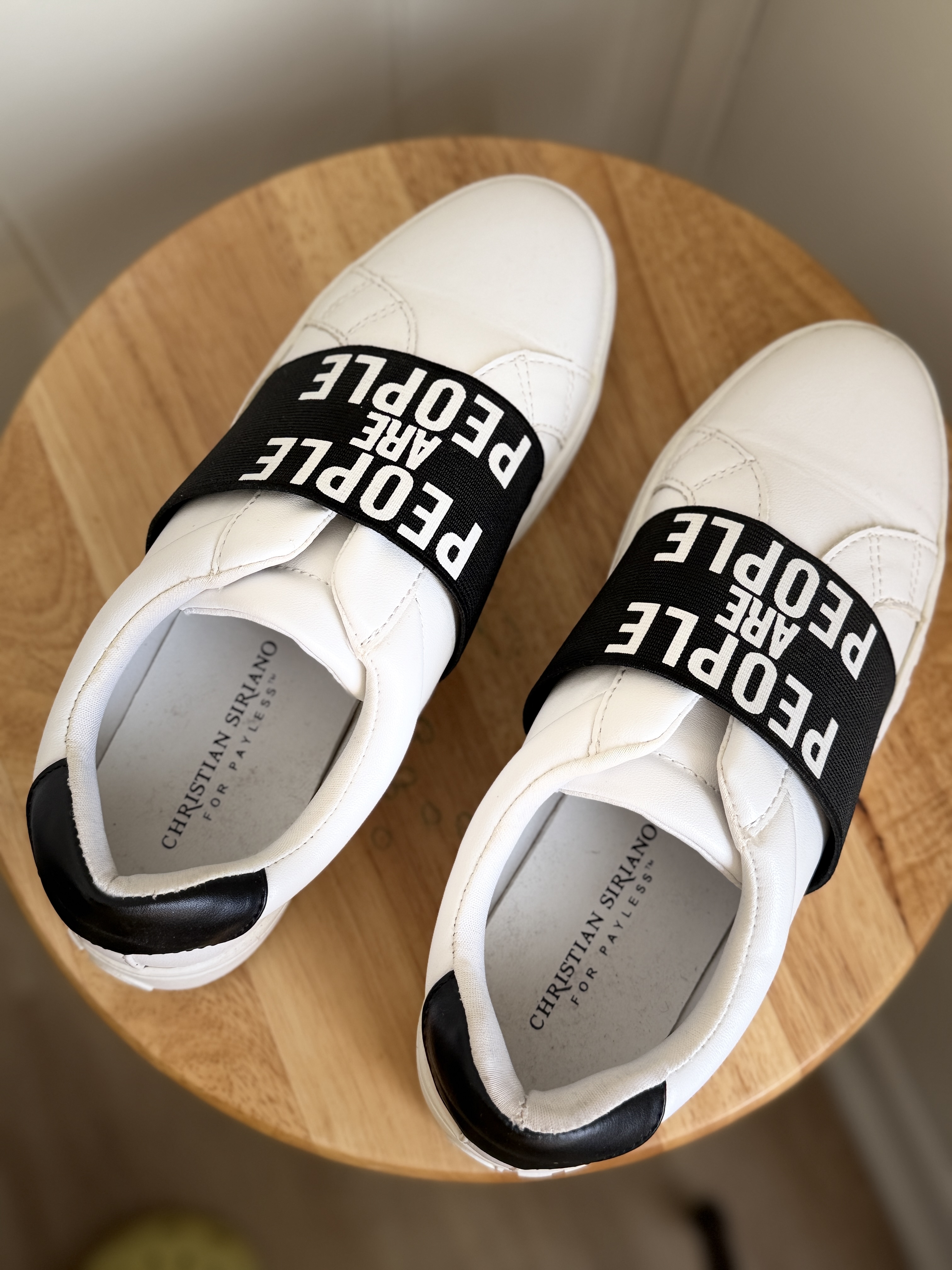 Christian Siriano White Platform Sneakers w/ “People Are People” Strap – Trendy Slip-On Shoes