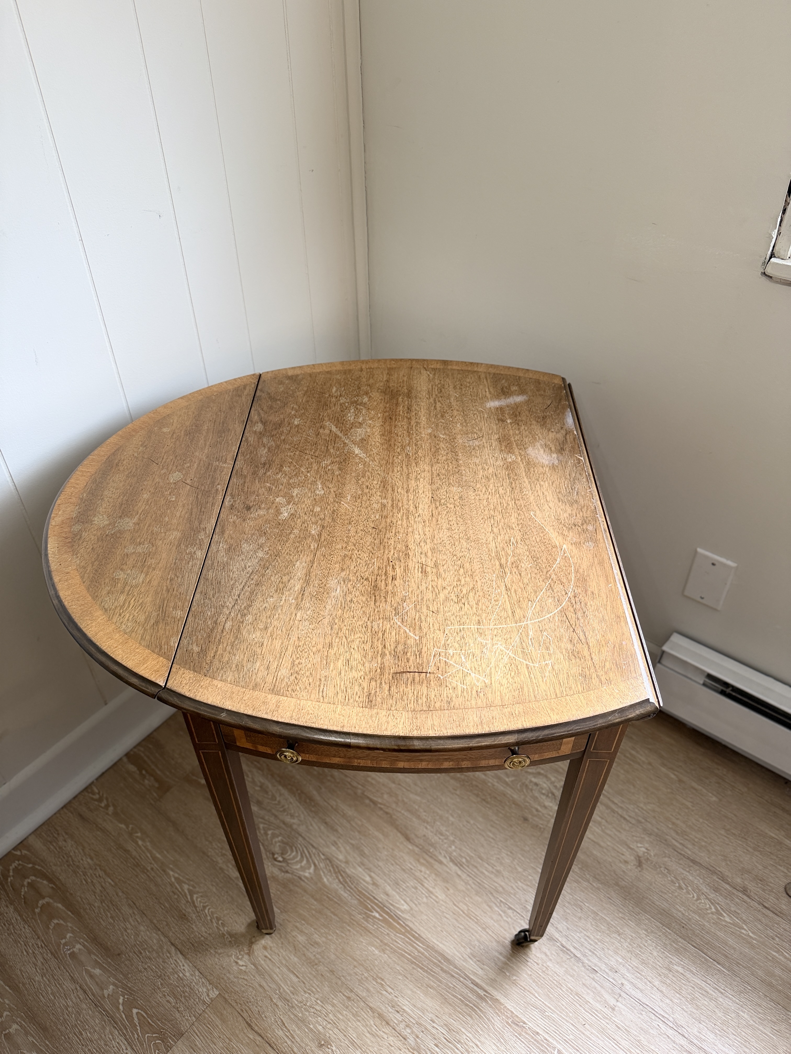 Vintage Pembroke Drop-Leaf Table w/ Drawer – Mahogany Side Table on Casters