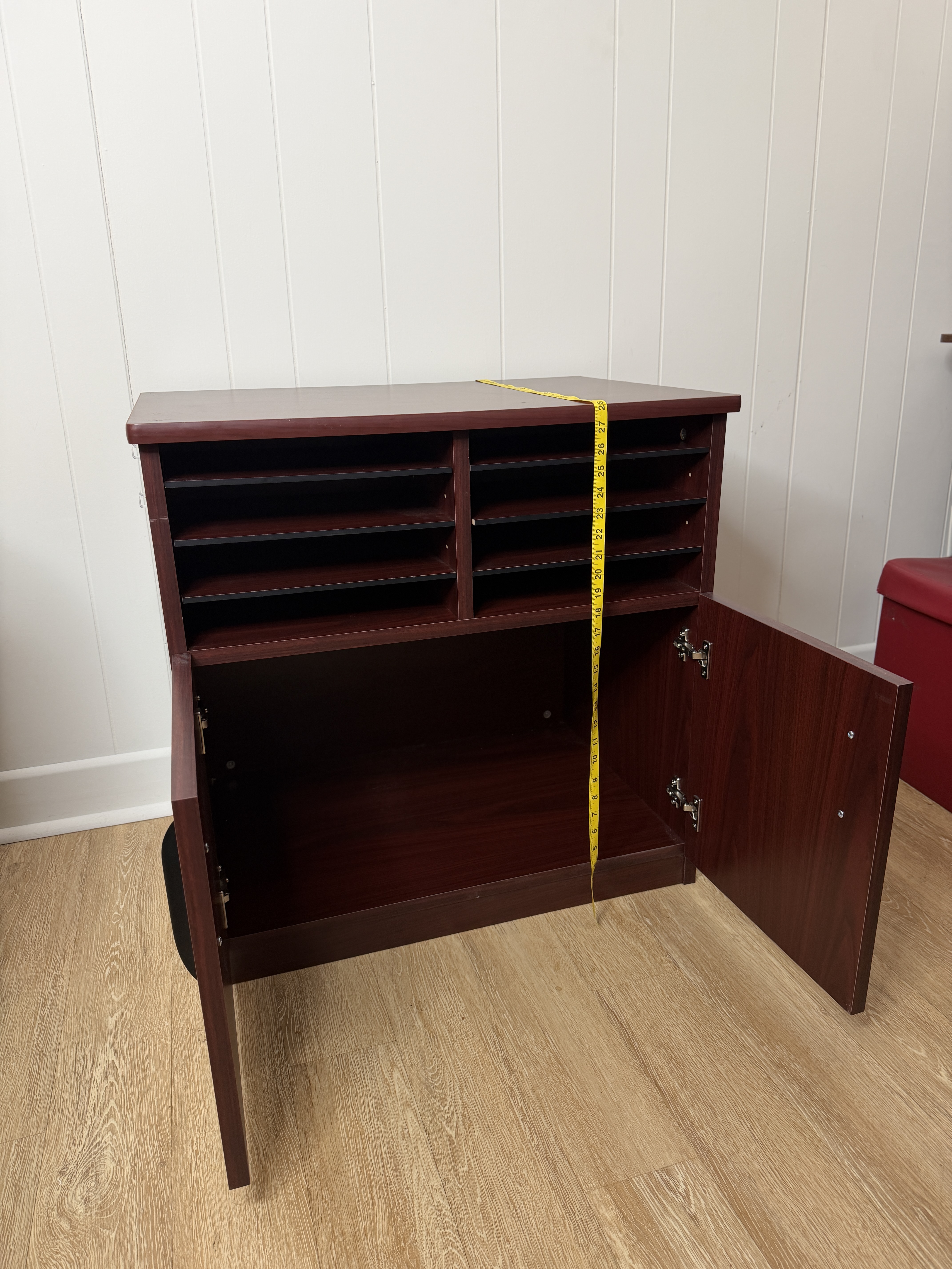 Dark composite wood finish office storage cabinet with mail slots