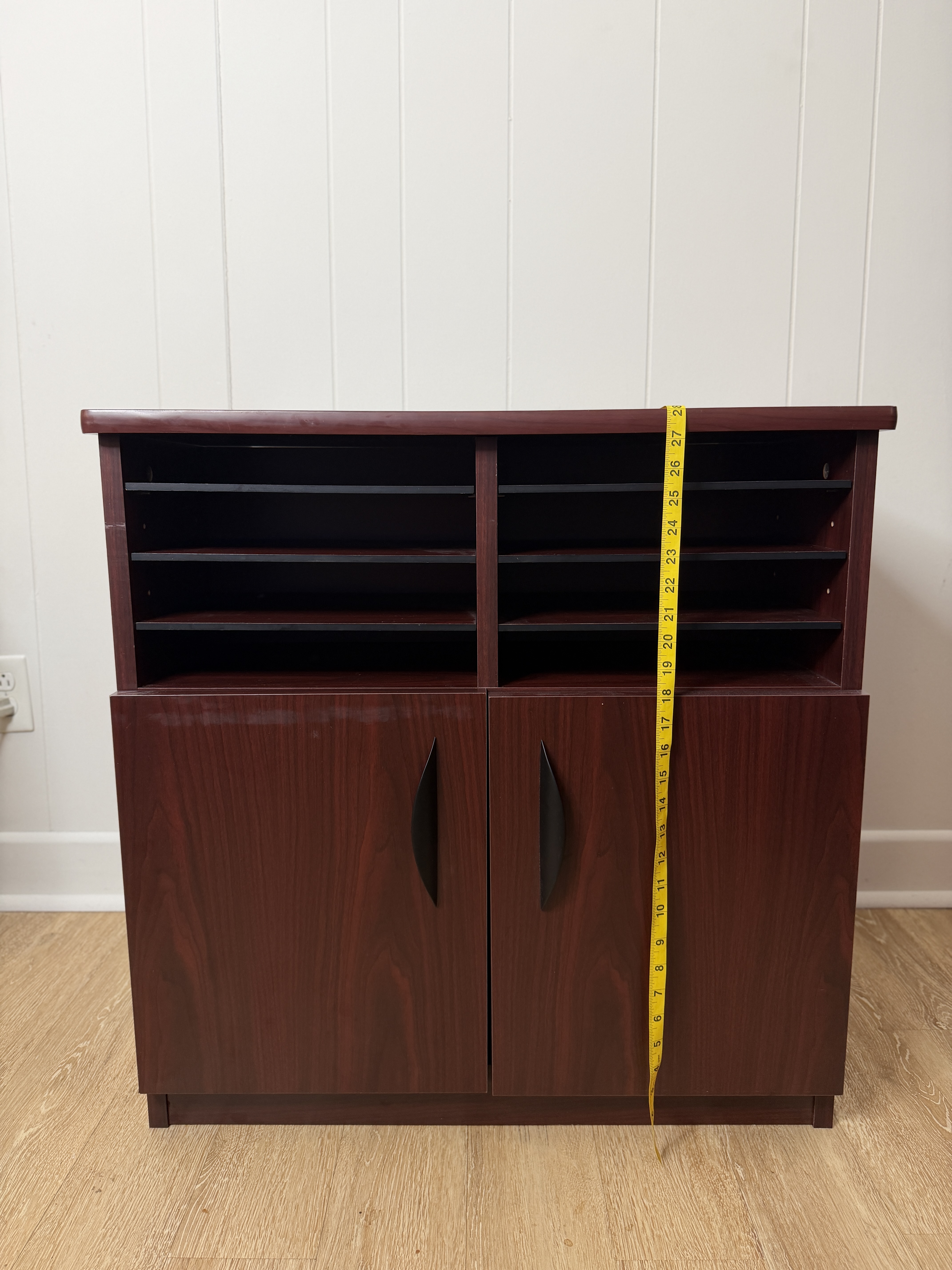 Dark composite wood finish office storage cabinet with mail slots