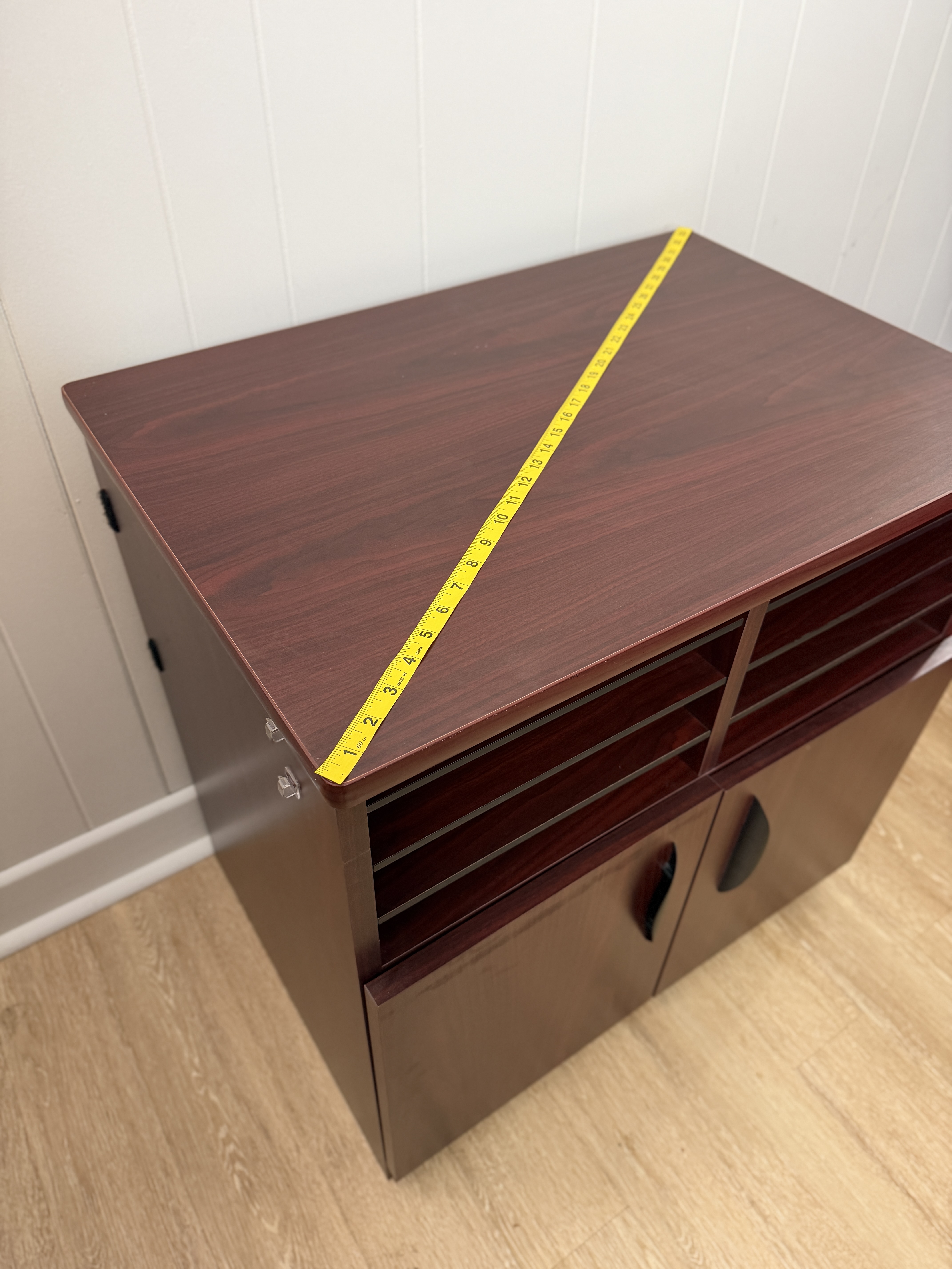 Dark composite wood finish office storage cabinet with mail slots