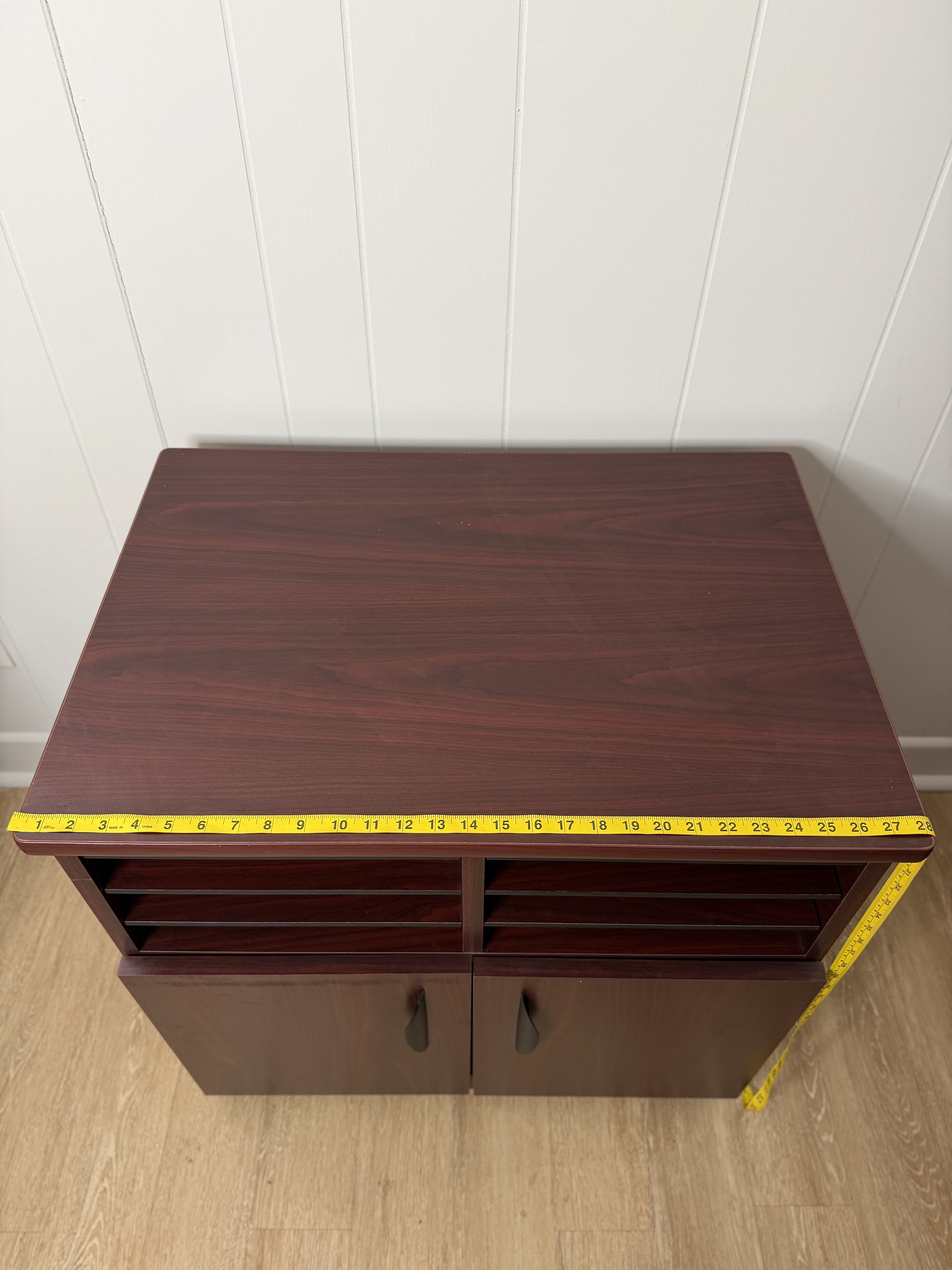 Dark composite wood finish office storage cabinet with mail slots