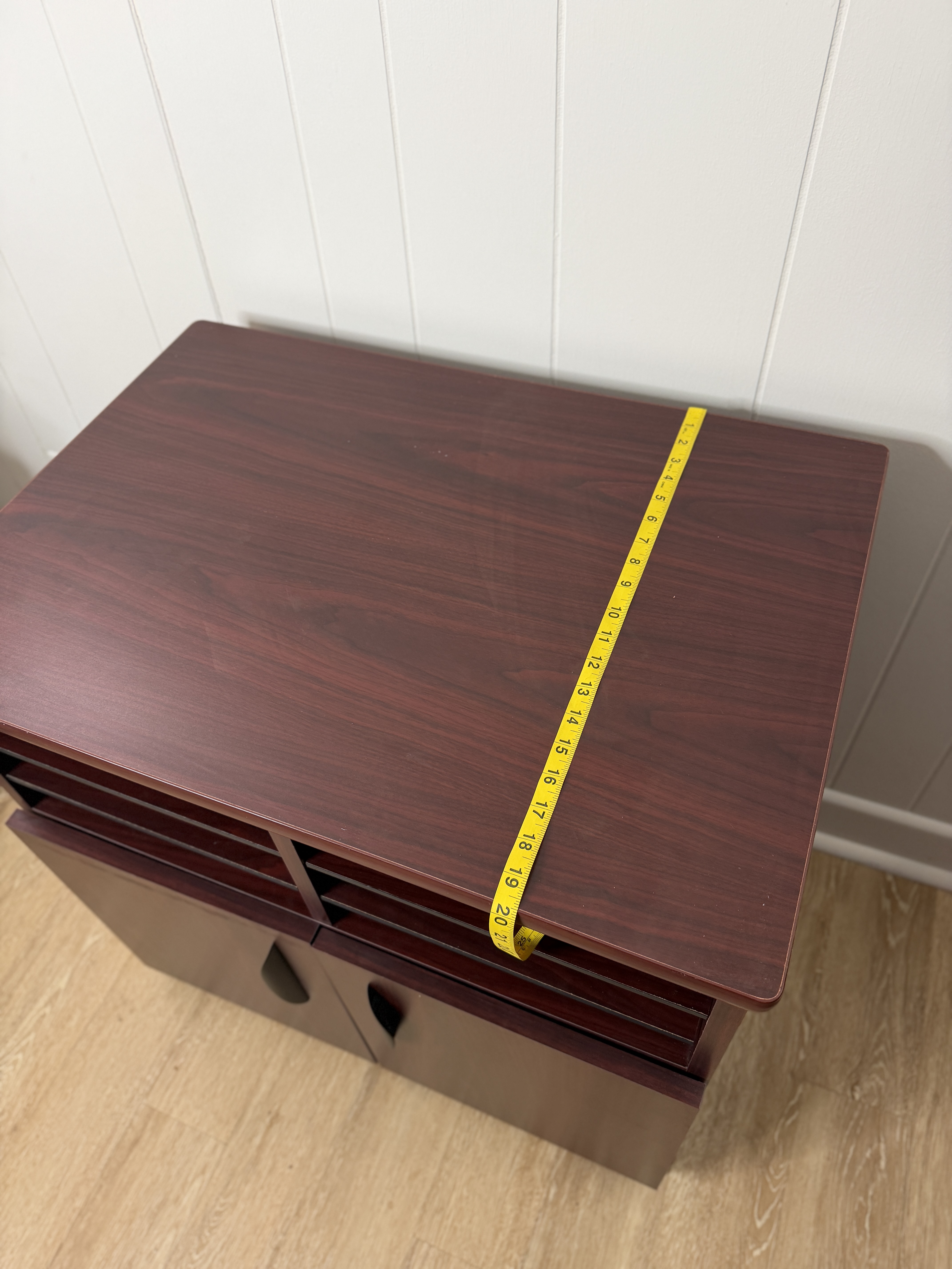 Dark composite wood finish office storage cabinet with mail slots